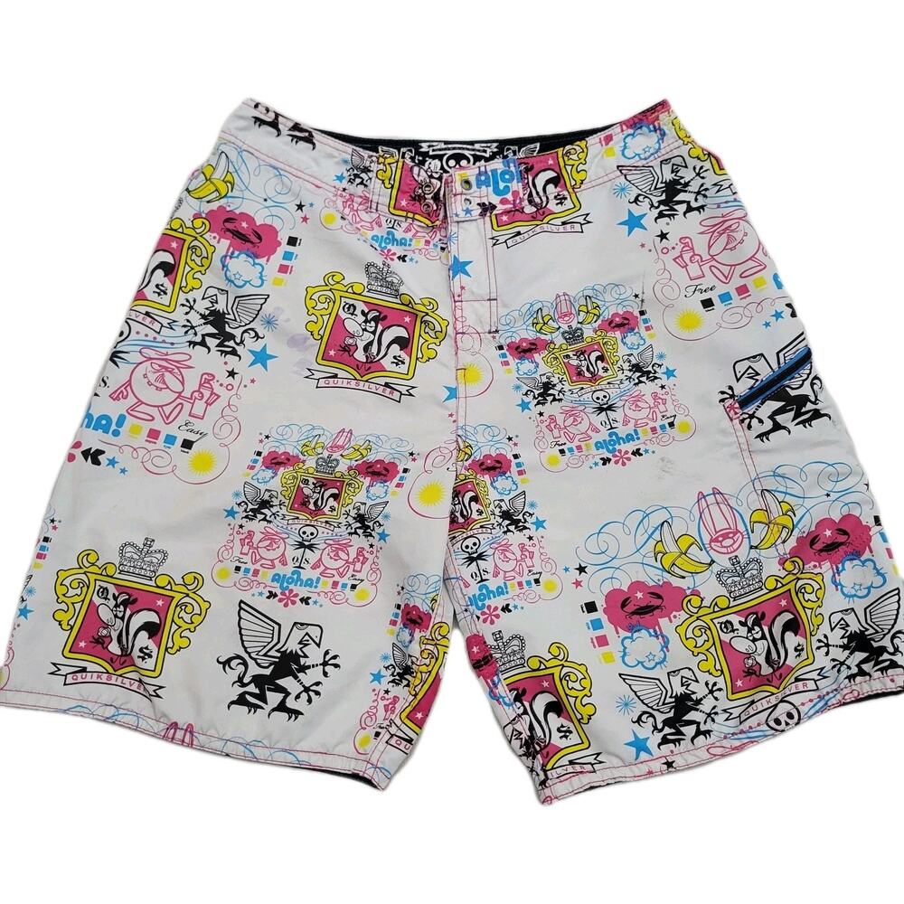 VintageY2K QUICKSILVER Boardshorts Mens 34 Surf Swim Shorts Skunk Cartoon